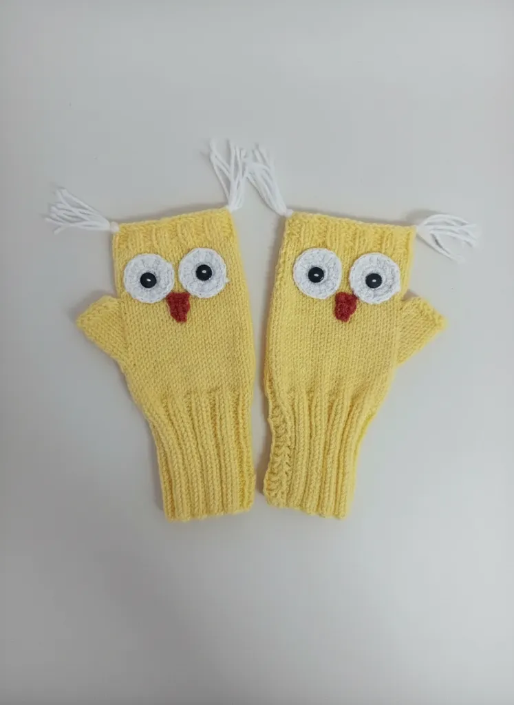 Sarı Baykuş Figürlü Örgü Parmaksız Eldiven - El Emeği