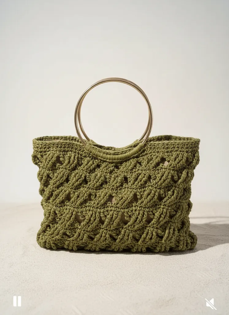 Yeşil Örgü Hasır Çanta - Altın Renkli Saplı, El Yapımı