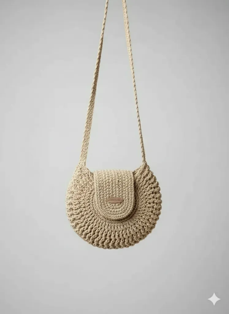 Bej Örgü Omuz Çantası - Yuvarlak Tasarım, Günlük Kullanım İçin İdeal