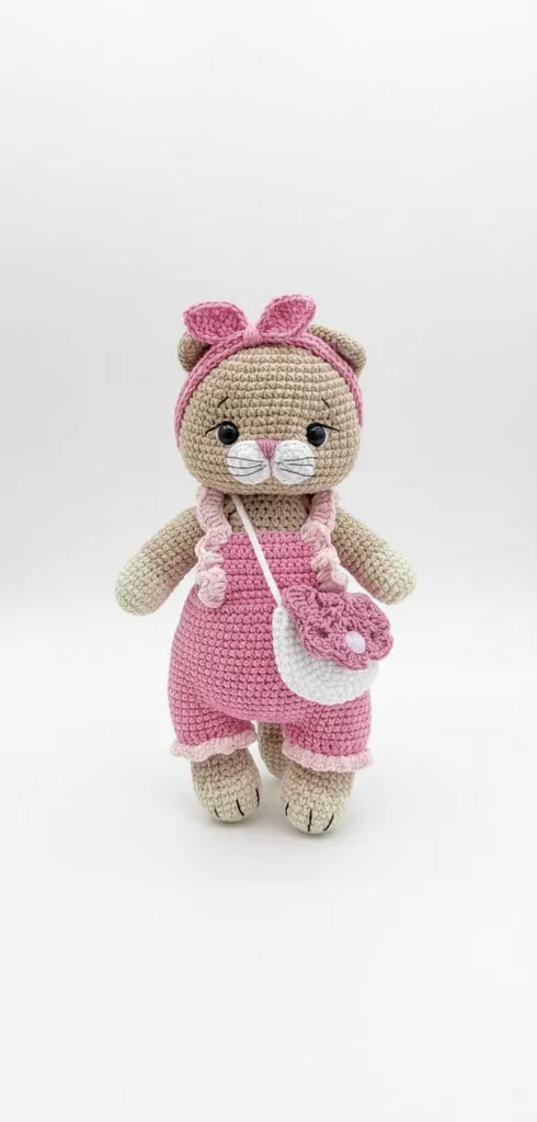 Örgü Oyuncak Kedi - Tulumlu, Pembe Detaylı, 25 cm - El Emeği