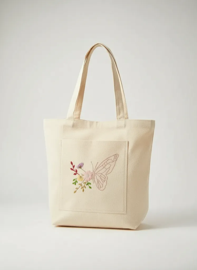 Kanvas Keten Torba Çanta - Kelebek Desenli, Astarlı, El İşlemeli