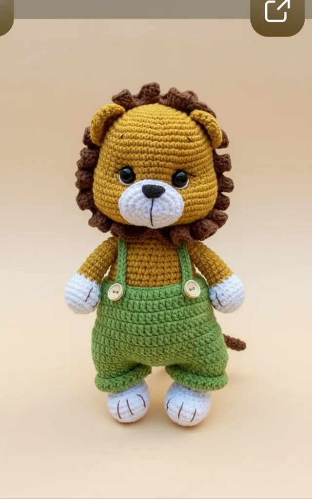 Amigurumi Yeşil Tulumlu Aslan Oyuncak Bebek - 25 cm - El Emeği