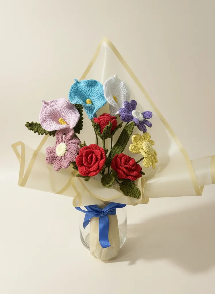 Renkli Örgü Çiçek Buketi - El Emeği Amigurumi Dekoratif Aranjman