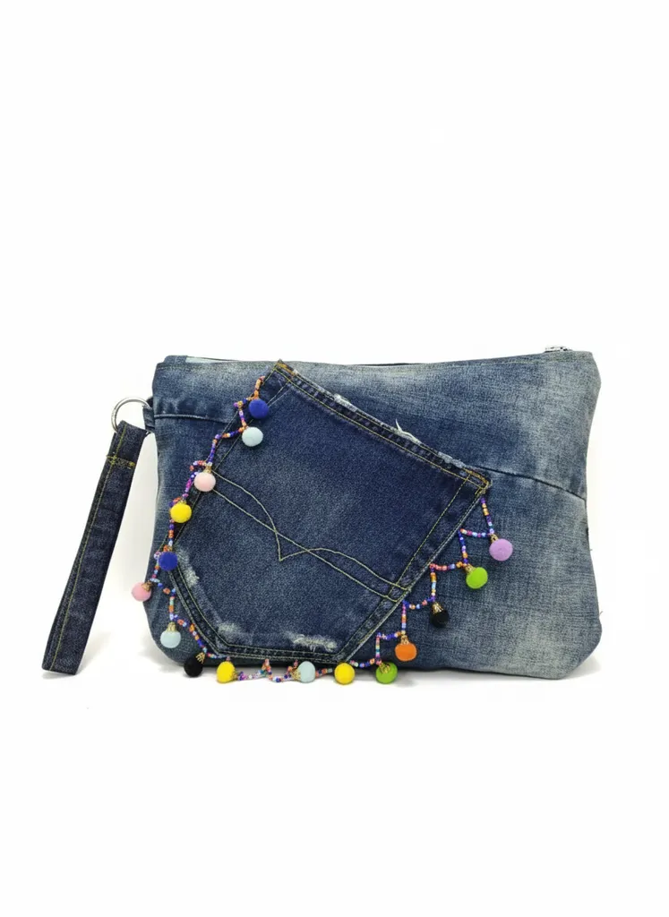 Kot Çanta - Mavi Denim Kumaşlı, Ponpon Detaylı El Yapımı