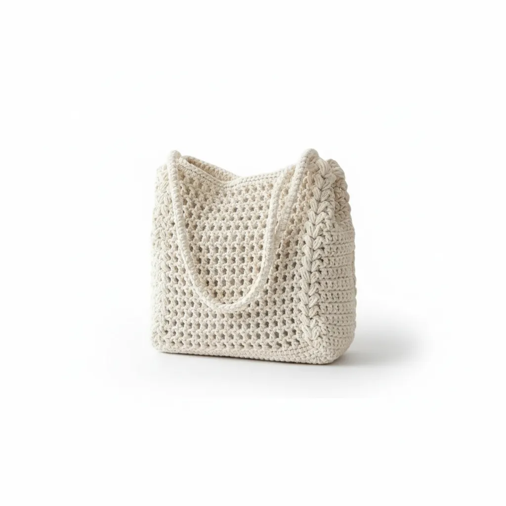 Krem Rengi Makrome Örgü Omuz Çantası - Pamuklu El Yapımı