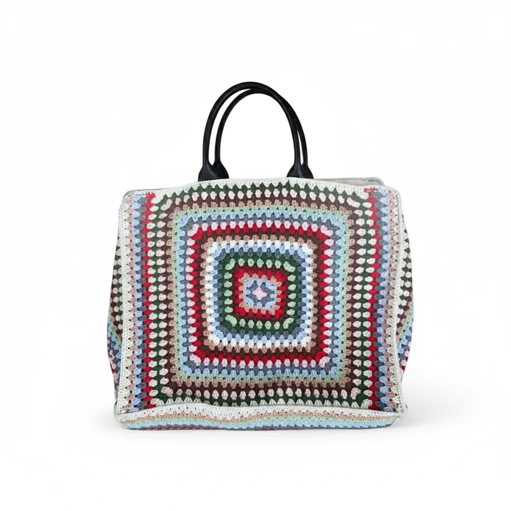 Çok Renkli Kare Motifli Örgü Bayan Omuz ve El Çantası
