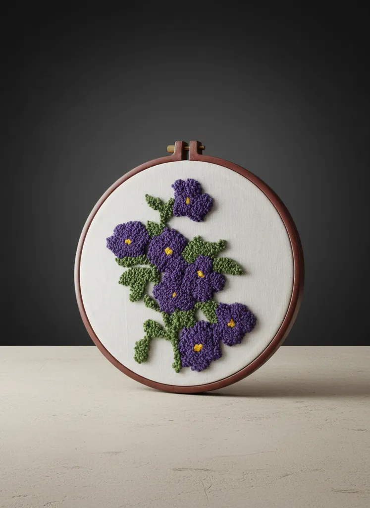 Punch İşleme Mor Çiçek Desenli Duvar Panosu - 25 cm Kasnak