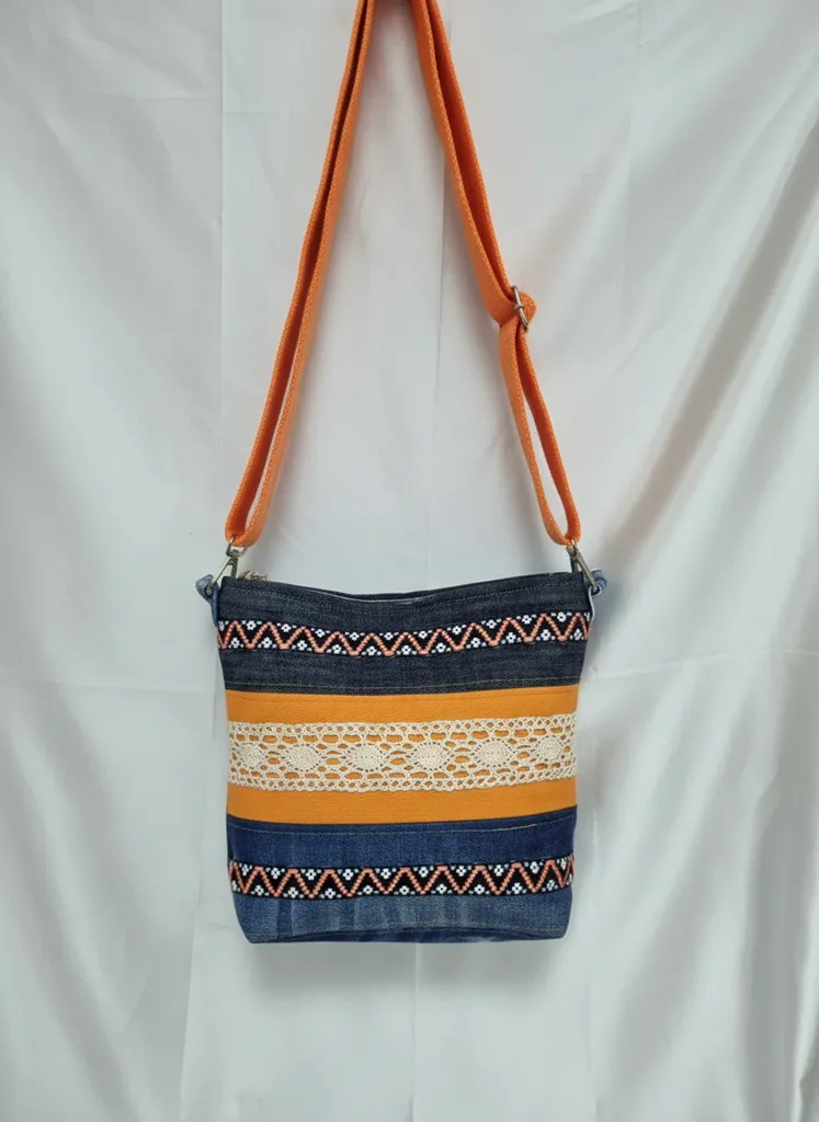 Denim ve Turuncu Detaylı Omuz Çantası - El Emeği Tasarım
