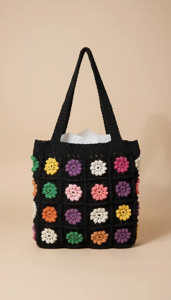 Siyah Örgü Çiçek Motifli Büyük Boy Omuz Çantası - El Yapımı