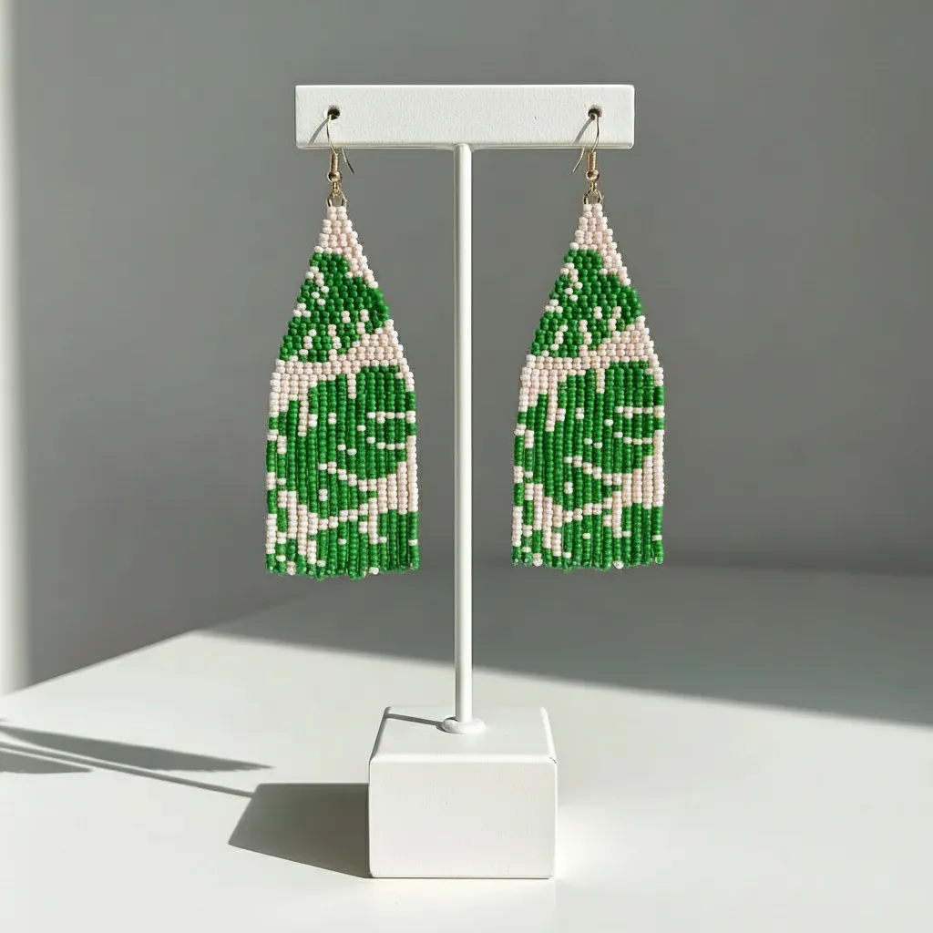 Yeşil Yaprak Desenli Boncuk Küpe - Sallantılı ve El İşçiliği