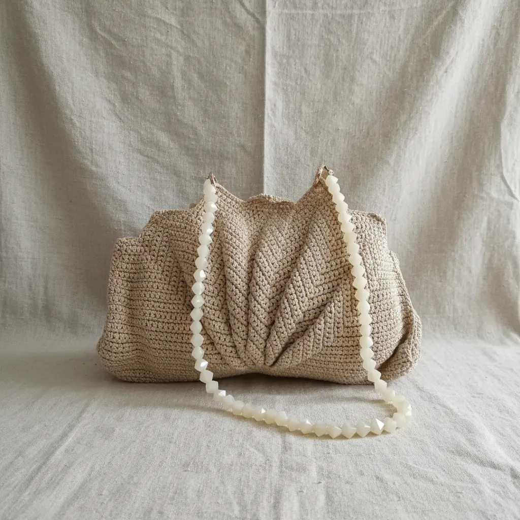 Bej Makrome İstiridye Model Omuz Çantası - El Yapımı Tasarım