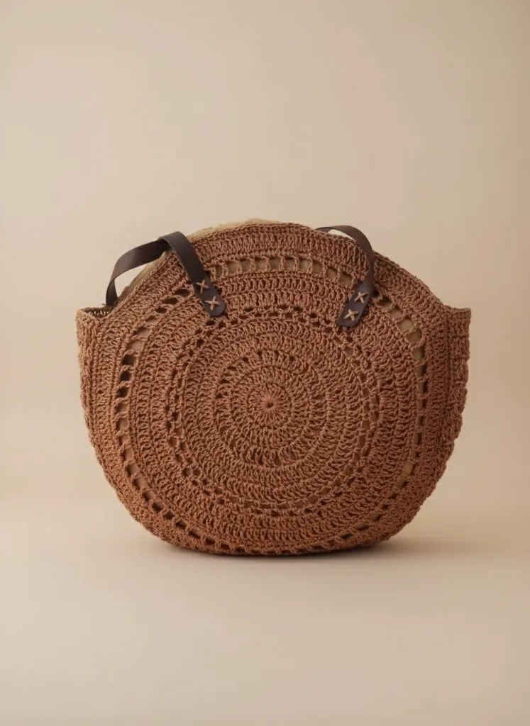 Kahverengi Yuvarlak Kağıt İp Örgü Omuz Çantası - Astarlı ve Çıtçıtlı
