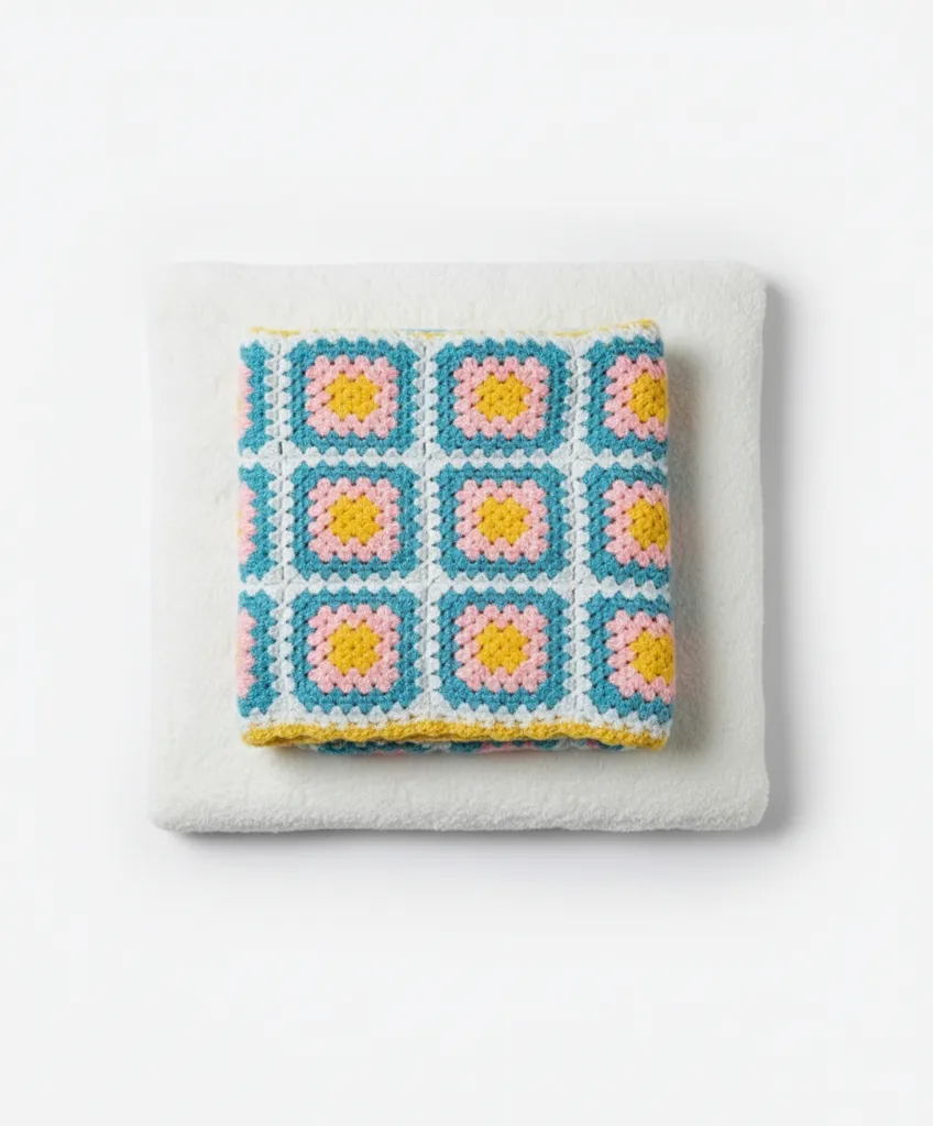 Örgü Bebek Battaniyesi - Pembe, Mavi ve Sarı Çiçek Desenli, 90x90 cm