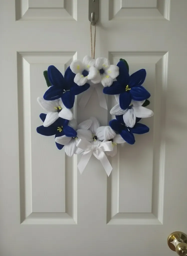 Mavi ve Beyaz Çiçekli Dekoratif Çelenk - El Yapımı Kapı Süsü📢