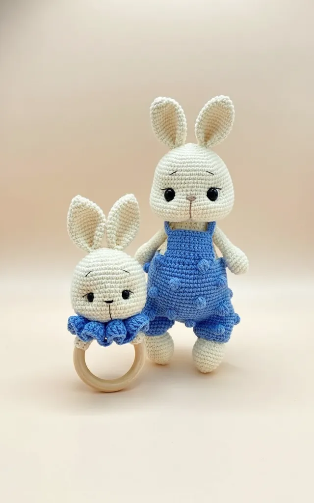 Mavi Tulumlu Örgü Tavşan Amigurumi Bebek Oyuncak ve Ahşap Çıngırak