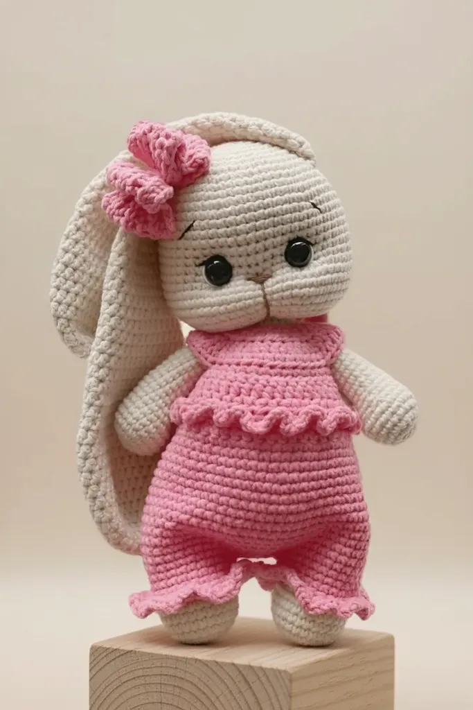 Örgü Amigurumi Pembe Tulumlu Uzun Kulaklı Tavşan Oyuncak Bebek