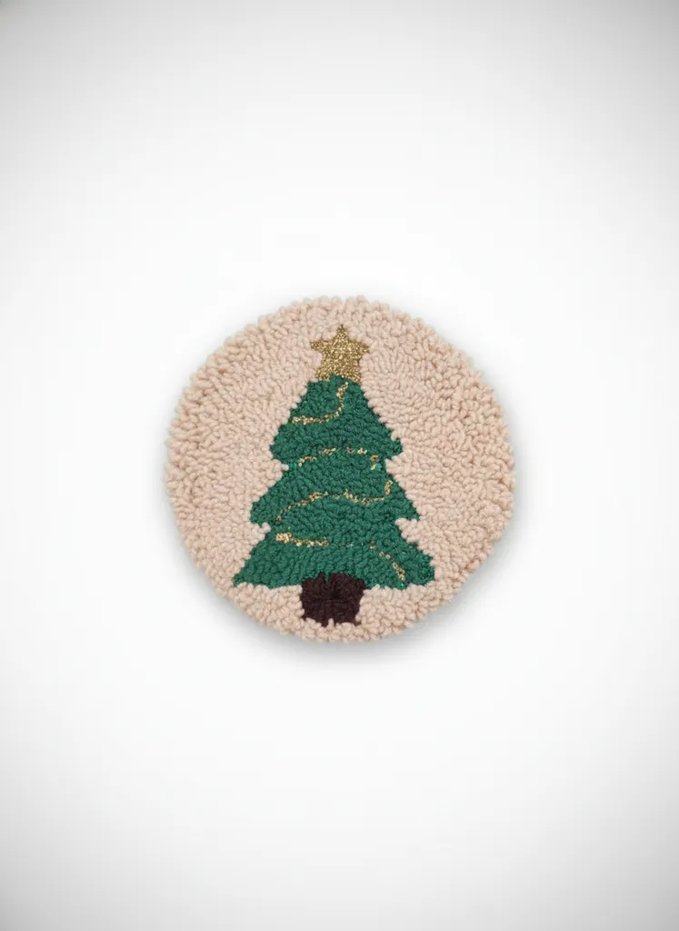 Punch Nakışı Yılbaşı Çam Ağacı Motifli Bardak Altlığı - El Yapımı