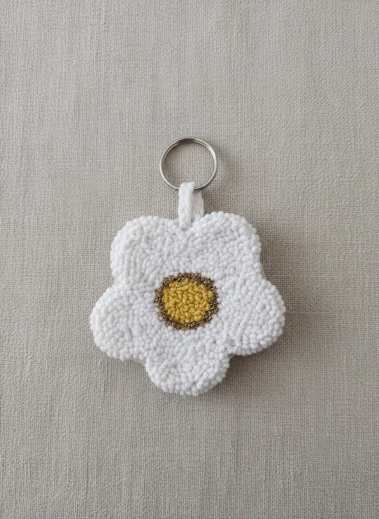 Beyaz Papatya Punch Nakışı Anahtarlık - El Yapımı Çanta Süsü