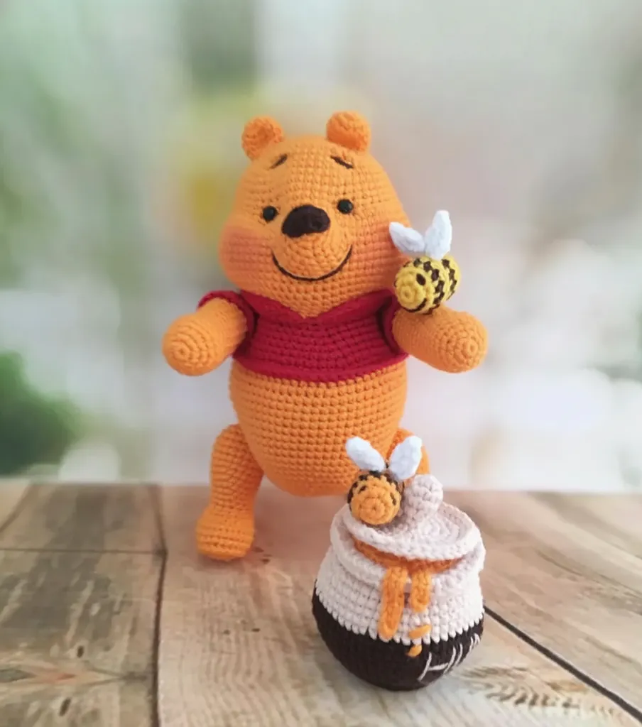 Turuncu Ayıcık ve Bal Küpü Amigurumi Oyuncak Seti - Organik