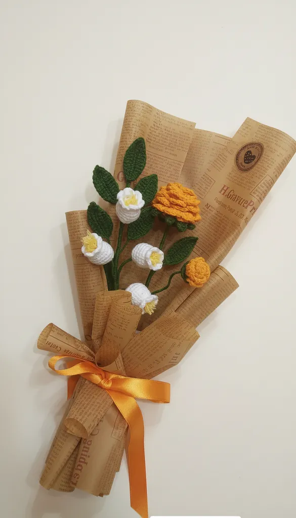 Turuncu ve Beyaz Örgü Çiçek Buketi - El Yapımı Hediyelik