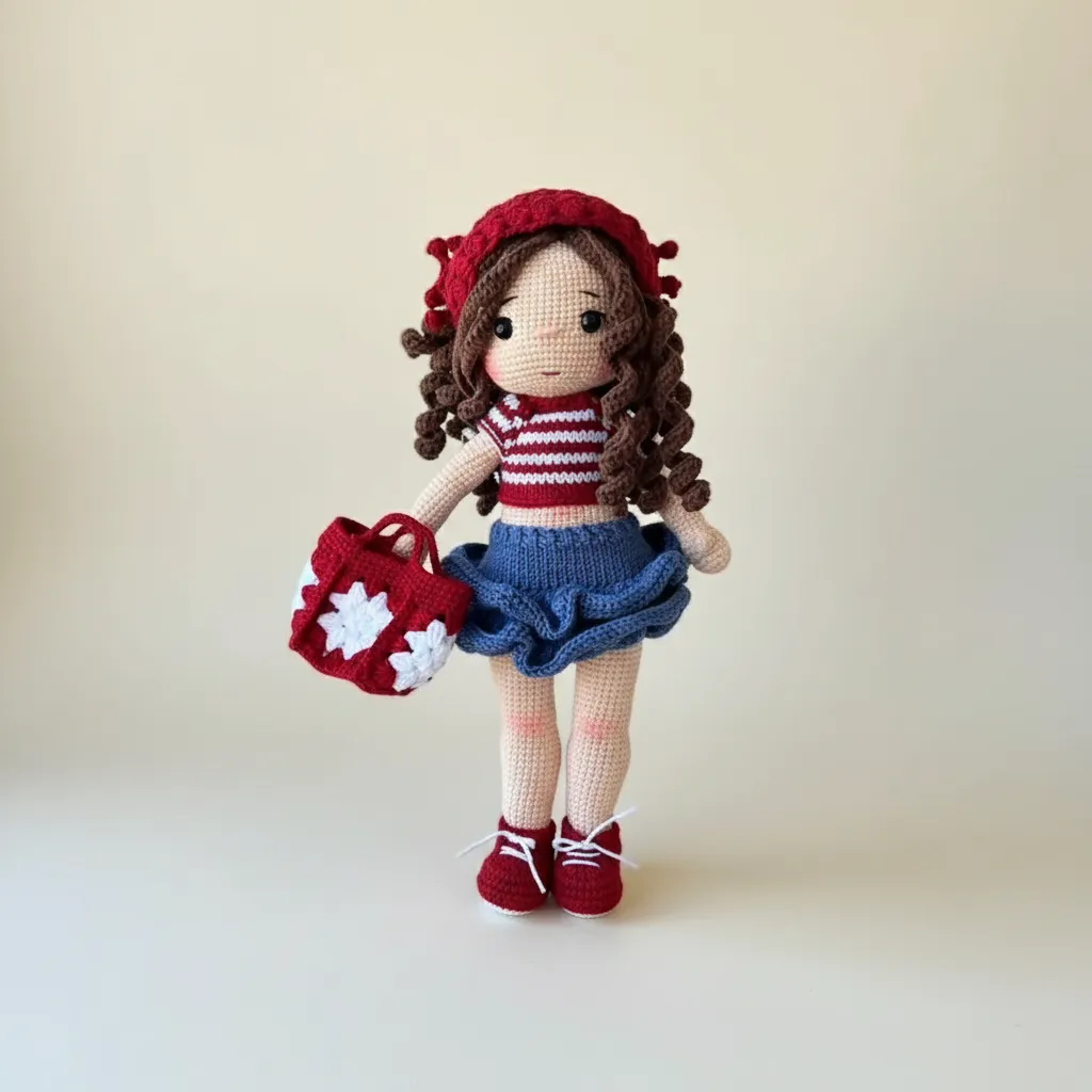 Çantalı Amigurumi Örgü Bebek - Kahverengi Saçlı Kız Çocuk Oyuncak