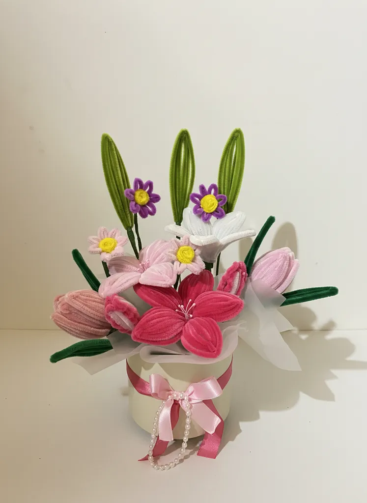 Pembe Şönil Çiçek Aranjmanı - El Yapımı Dekoratif Saksı Çiçeği