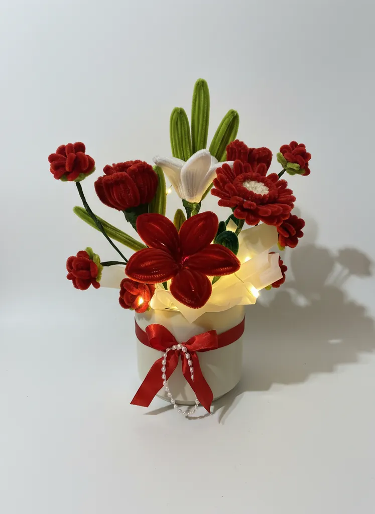 Kırmızı Şönil Çiçek Aranjmanı - Işıklı Dekoratif Saksı Çiçeği