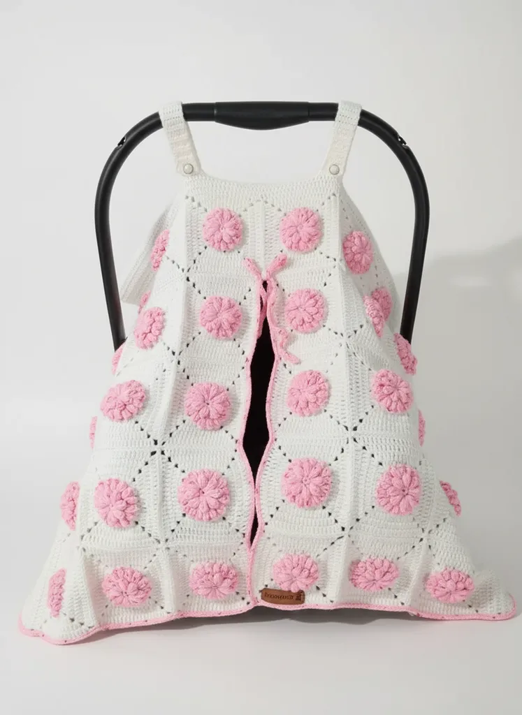 Beyaz Pembe Çiçekli Örgü Pamuklu Bebek Oto Koltuğu Puset Örtüsü