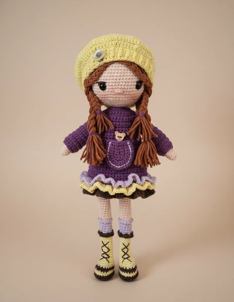 Mor Fırfırlı Elbiseli Amigurumi Bebek - 30 cm El Emeği Oyuncak