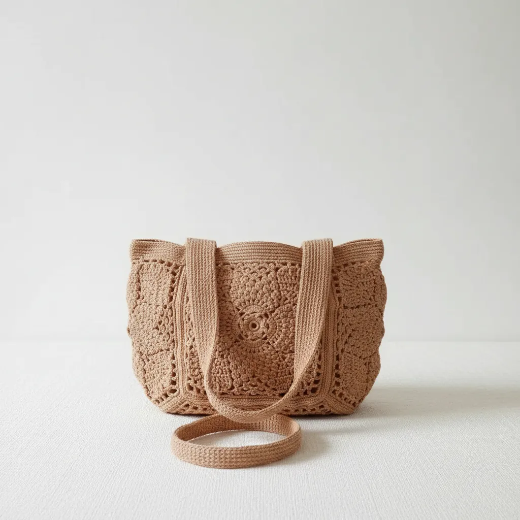 Kahverengi Makrome Motifli Omuz Çantası - Büyük Boy El Yapımı