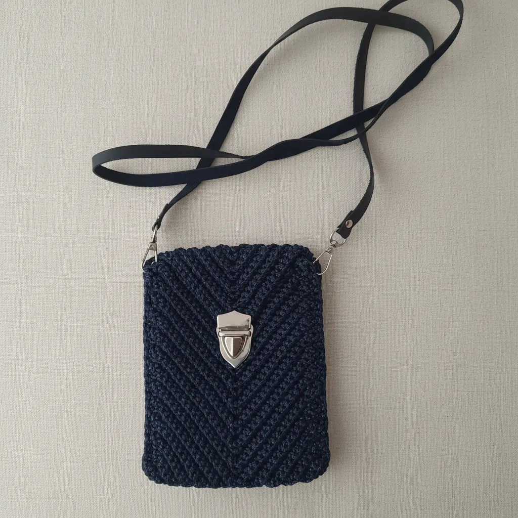 Lacivert Simli Makrome Örgü Telefon Çantası - El Yapımı