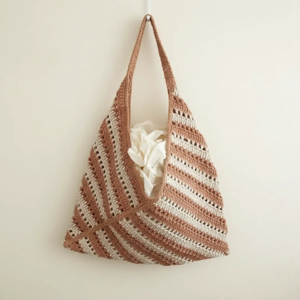 Makrome Örgü Omuz Çantası - Kahverengi ve Krem Renkli - El Emeği