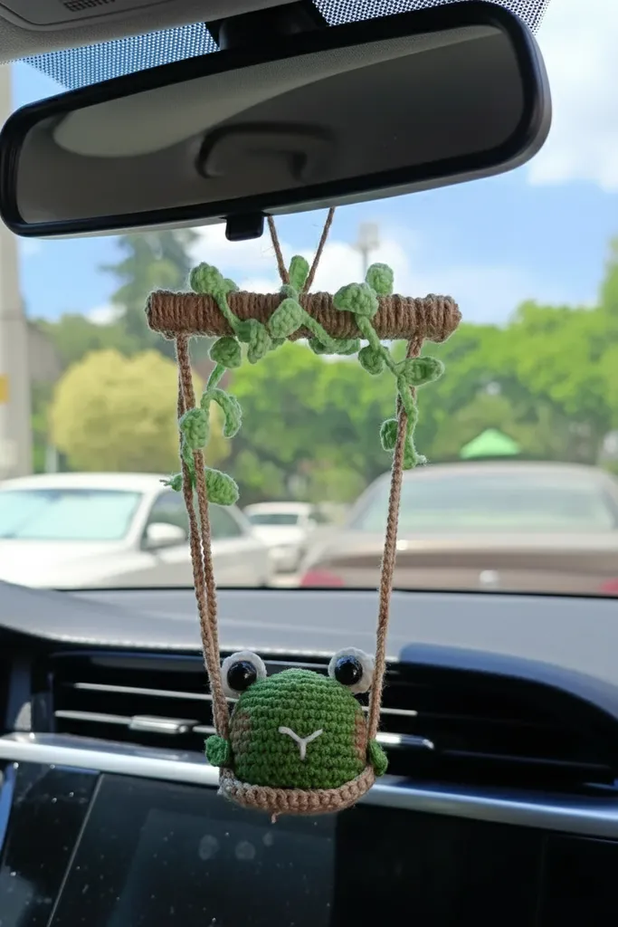 Yeşil Örme Kurbağa Araba Süsü - Salıncaklı, Dekoratif, El Yapımı