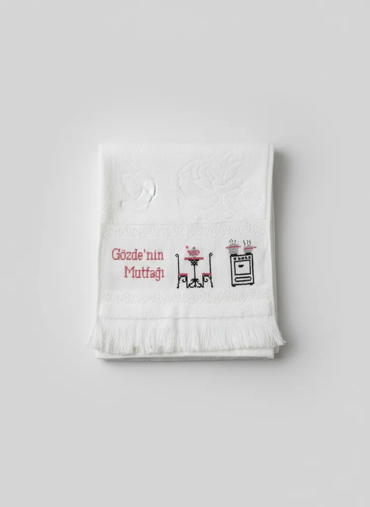 İsme Özel Nakışlı Mutfak Havlusu - Beyaz Pamuklu El İşlemesi