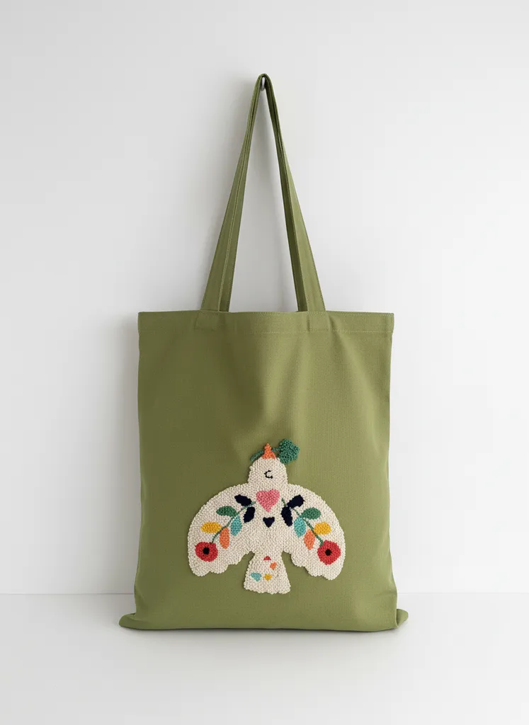 Yeşil Duck Kumaş Kuş Desen Punch İşlemeli Omuz Çantası - El Emeği