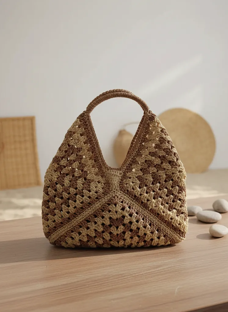 Kahverengi Tonlarında Kağıt İpten Örme Omuz Çantası - El Emeği