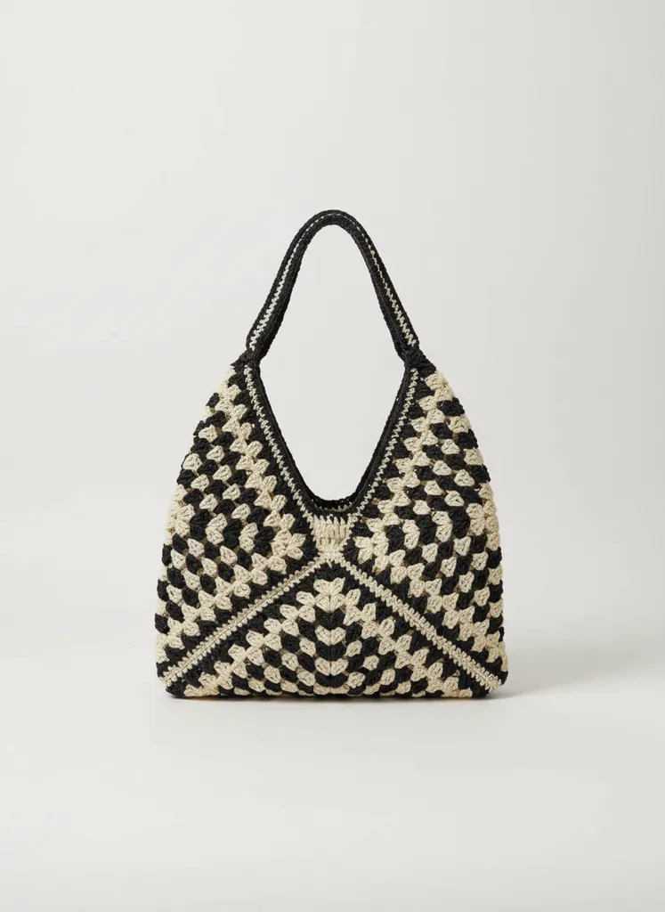 Siyah Beyaz Desenli Kağıt İpten Örme Omuz Çantası - El Emeği