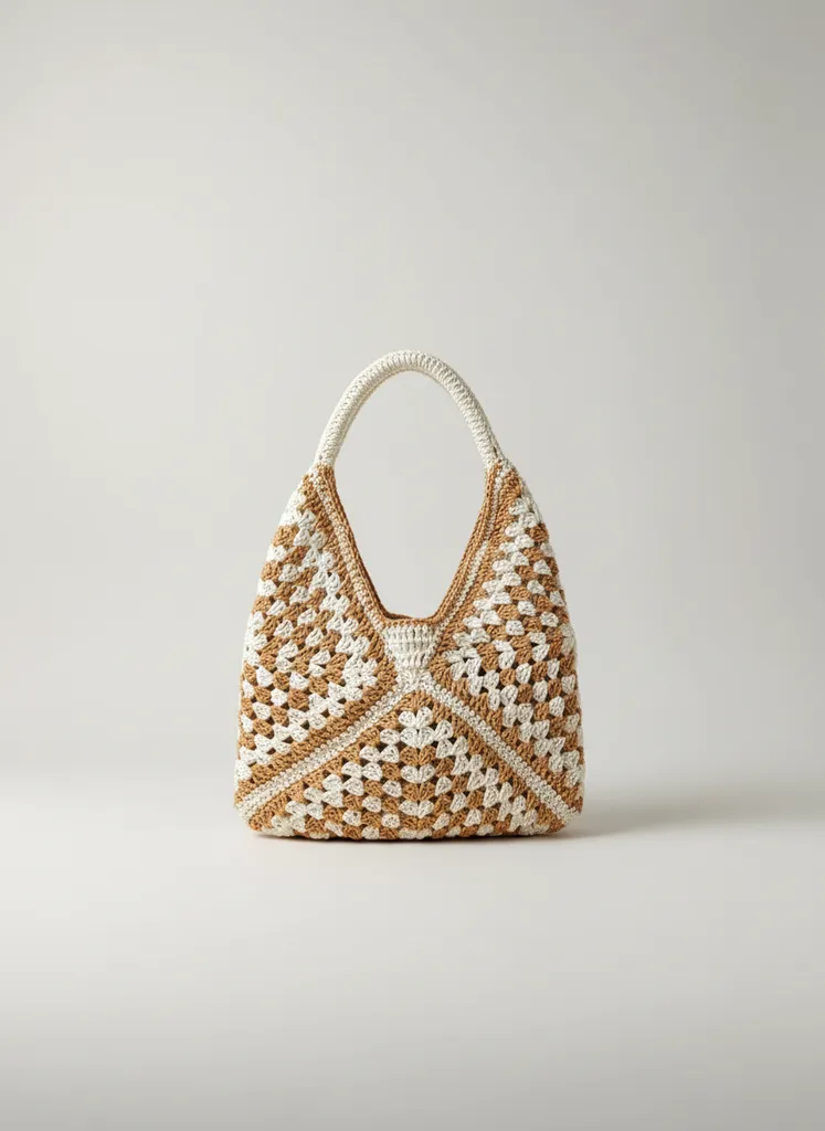 Kağıt İp Örgü Omuz Çantası - Turuncu ve Krem Renkli Desenli - El Emeği