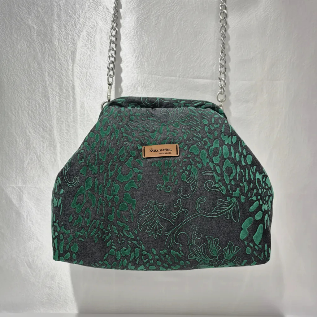 Desenli Yeşil Omuz Çantası - Zincir Askılı, El Emeği Tasarım