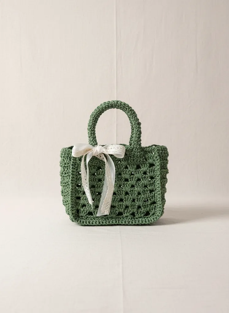 Yeşil Kağıt İp Örgü Çanta - Fiyonk Detaylı, El Emeği