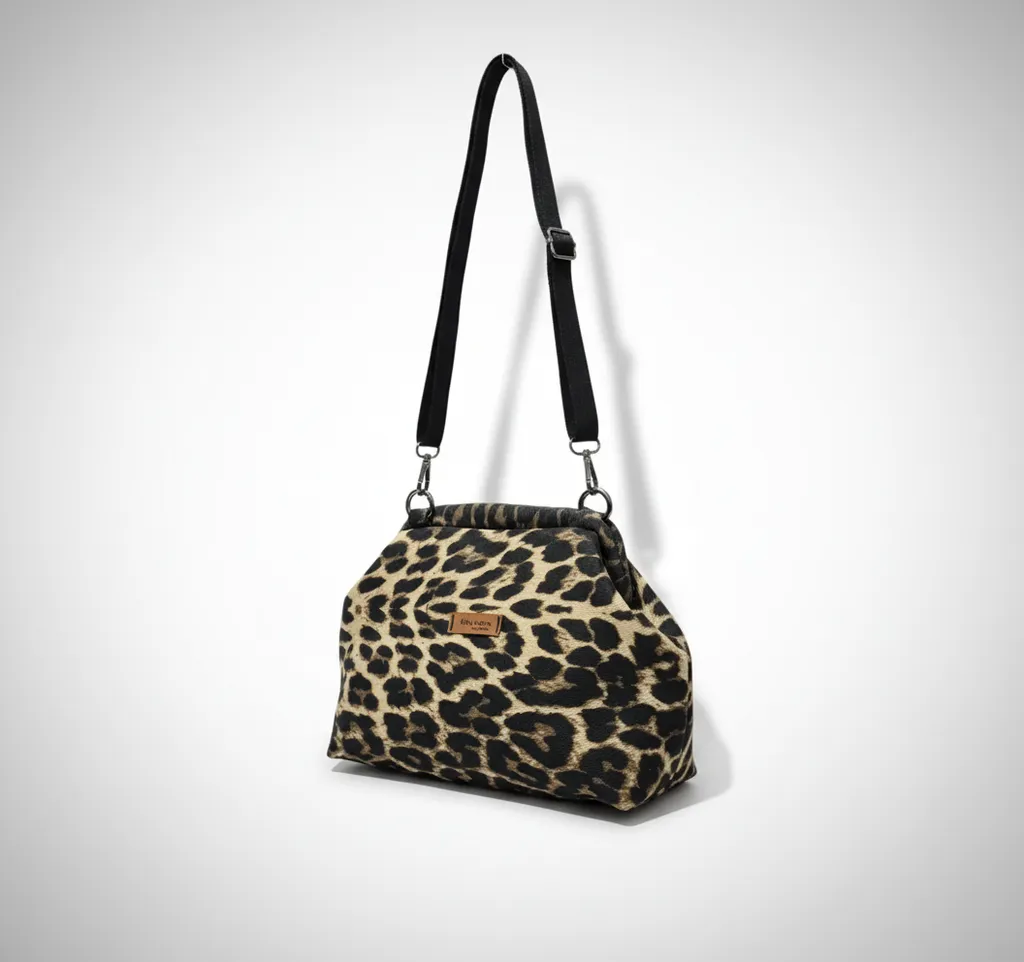 Leopar Desenli Kanvas Kumaş Omuz Çantası - Ayarlanabilir Askılı