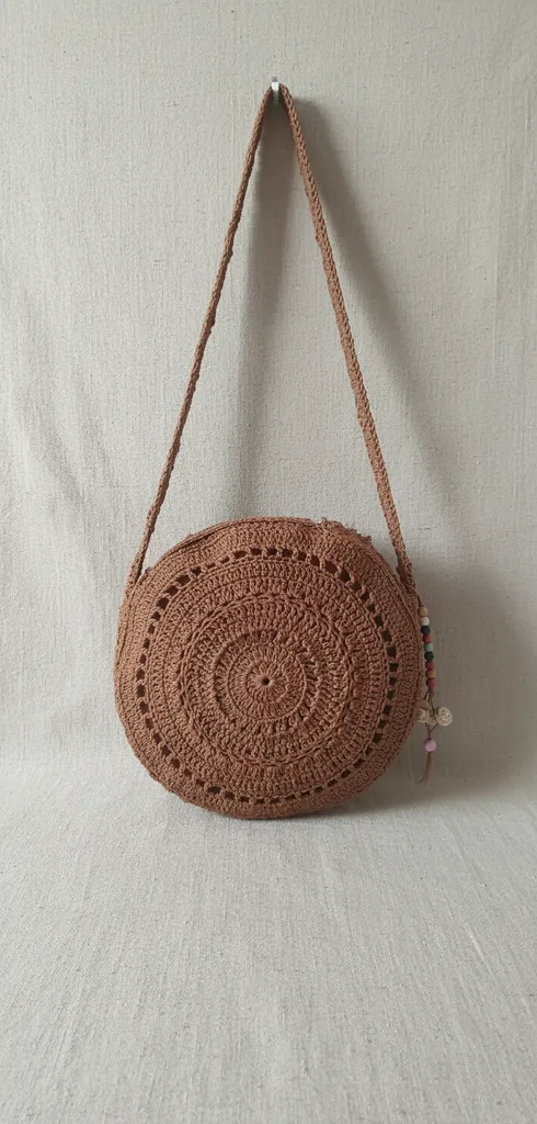 Kahverengi Kağıt İp Örgü Omuz Çantası Yuvarlak Model - El Emeği
