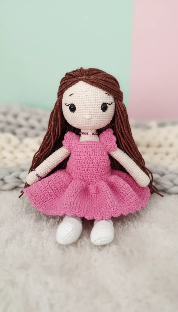 Örgü Pembe Elbiseli Amigurumi Bebek - 28 cm Boyunda - El Emeği