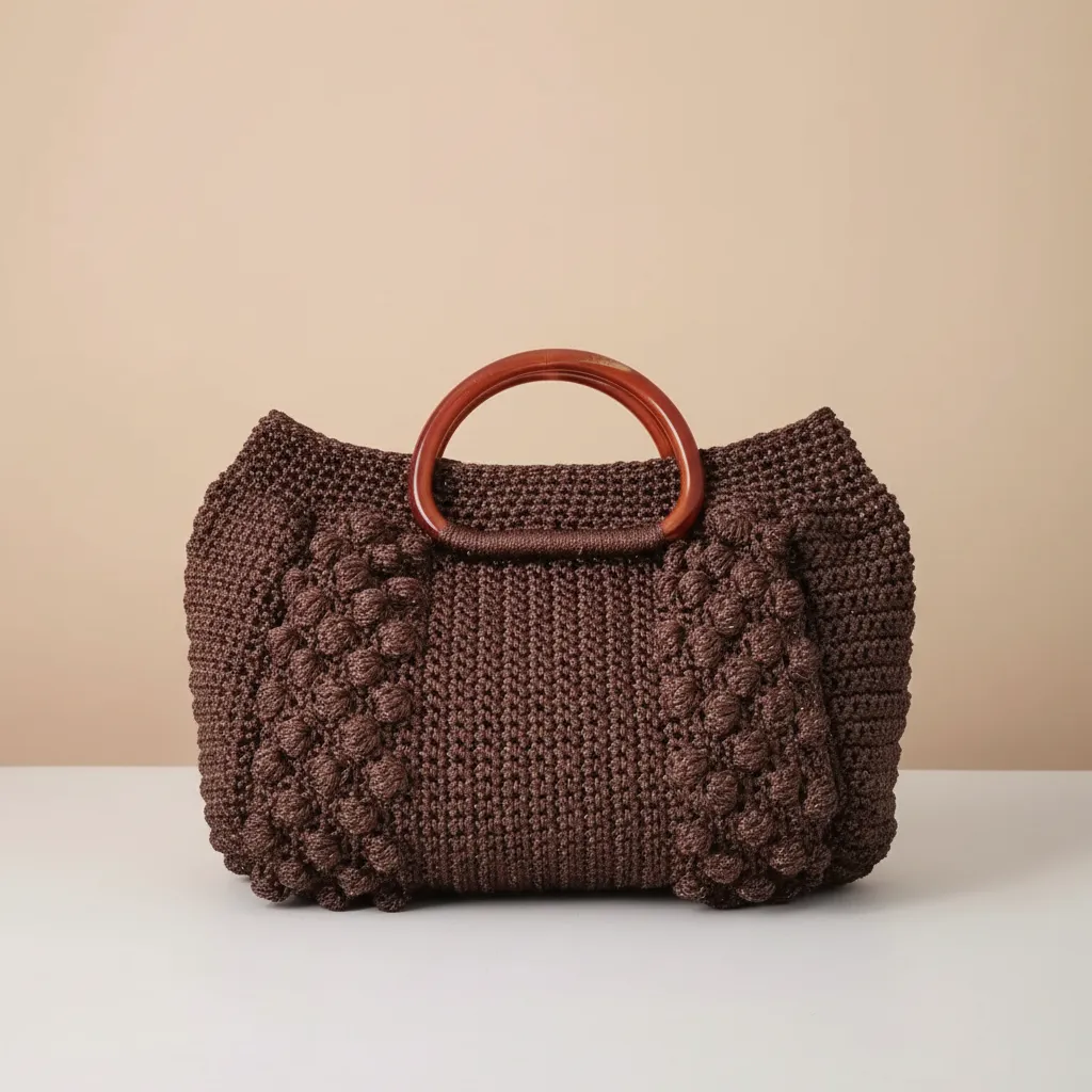 Kahverengi Makrome Simli Çanta - Yuvarlak Ahşap Saplı Şık Tasarım