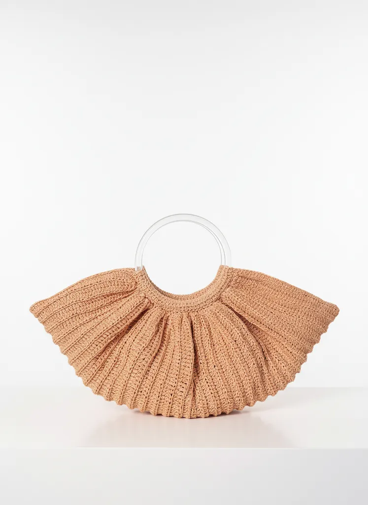 Pudra Rengi Kağıt İp Örgü Çanta - Şeffaf Halkalı Saplı