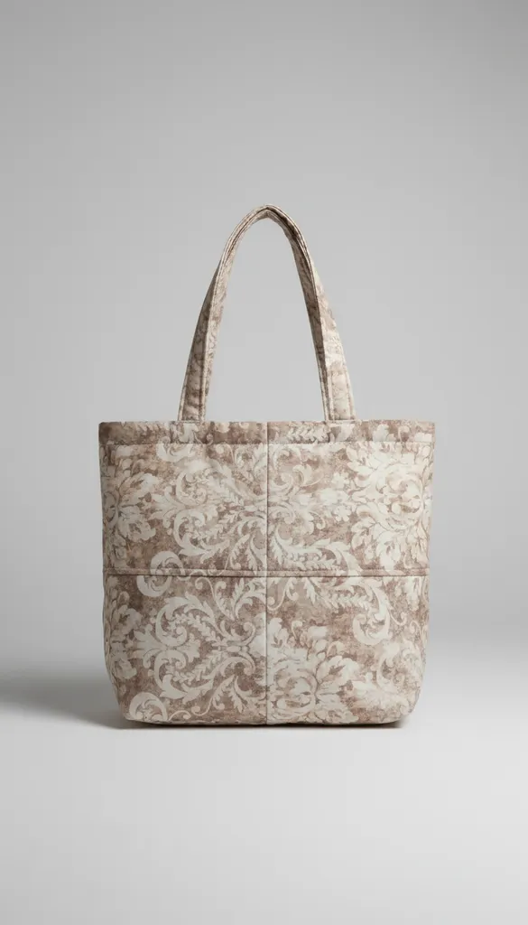 Gri ve Krem Rengi Desenli Kumaş Omuz Çantası - El Yapımı