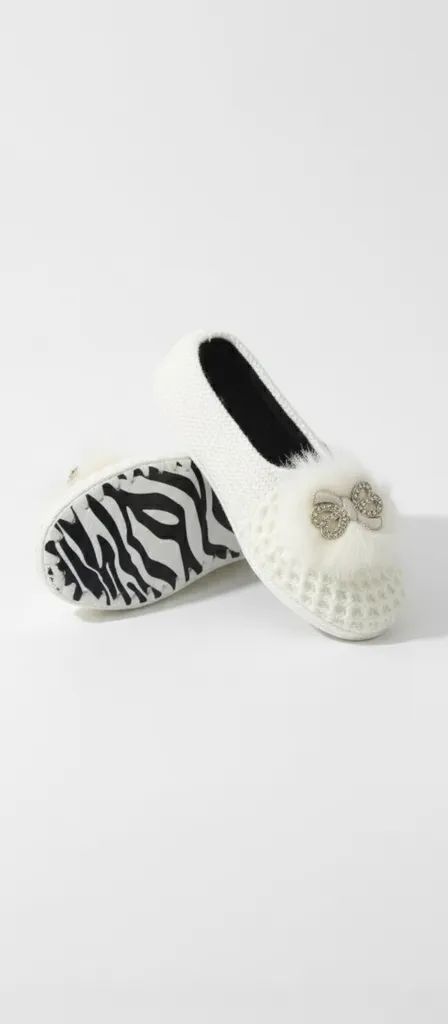 Krem Rengi Örgü Babet Ev Terliği - Zebra Desenli Taban, 37-38 Numara