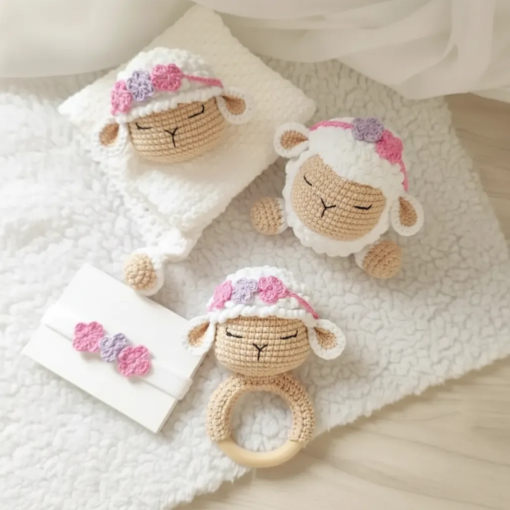 Amigurumi Örgü Kuzu Oyuncak ve Çıngırak Hediye Seti 3'lü