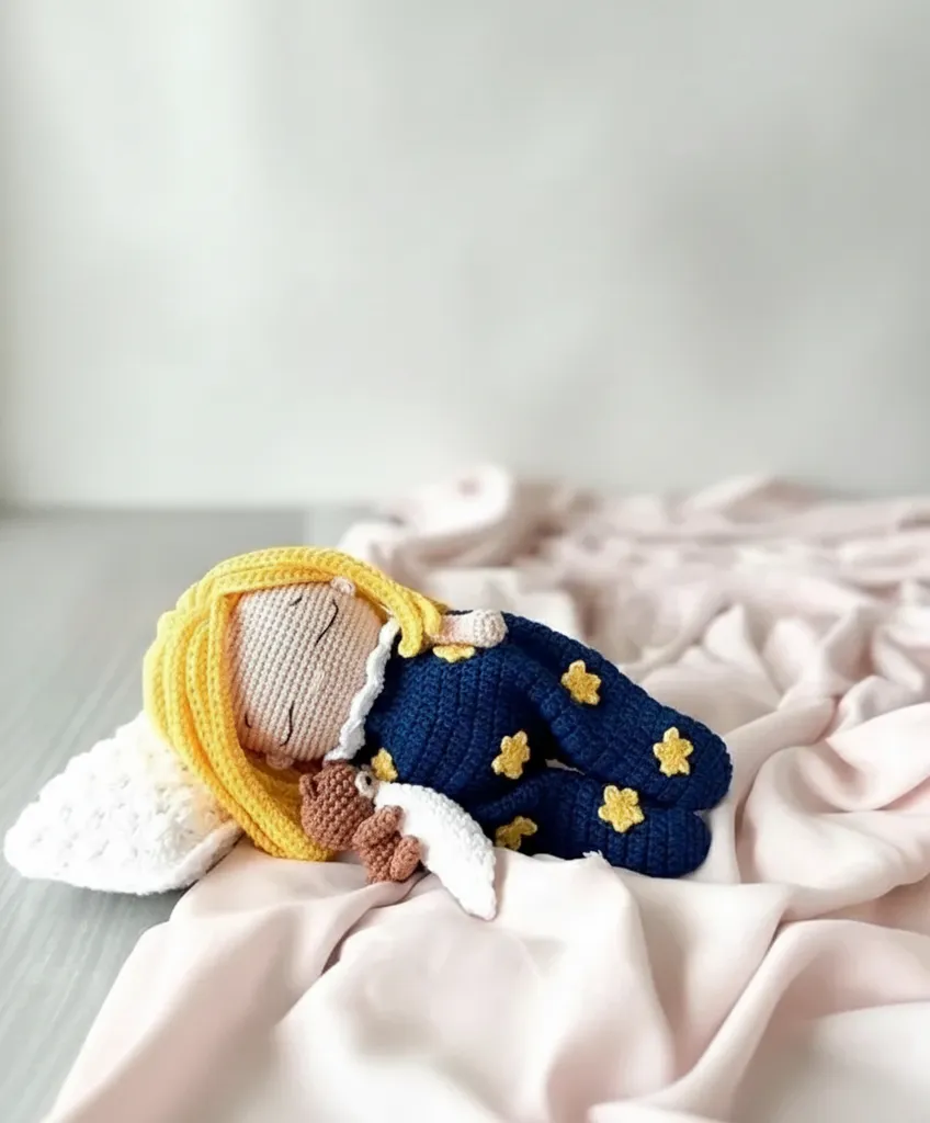 Mavi Yıldızlı El Yapımı Amigurumi Uyuyan Kız Bebek Oyuncak