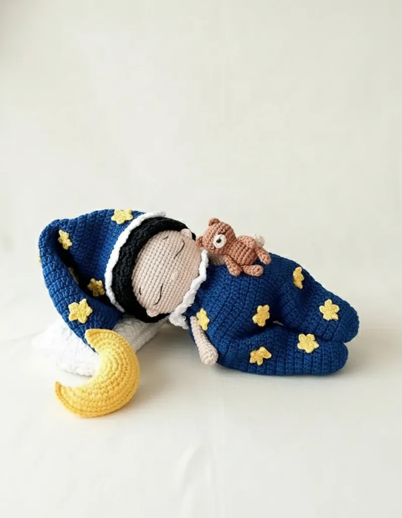 Amigurumi Uyuyan Erkek Bebek - Lacivert Yıldızlı El Yapımı Oyuncak